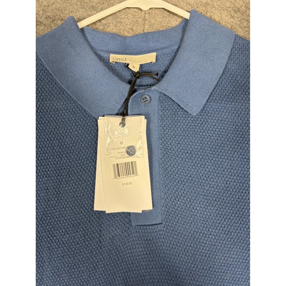 Onia Mens Cotton Textured Knit Polo Shirt Vintage Indigo Blue MT552-110 Size M